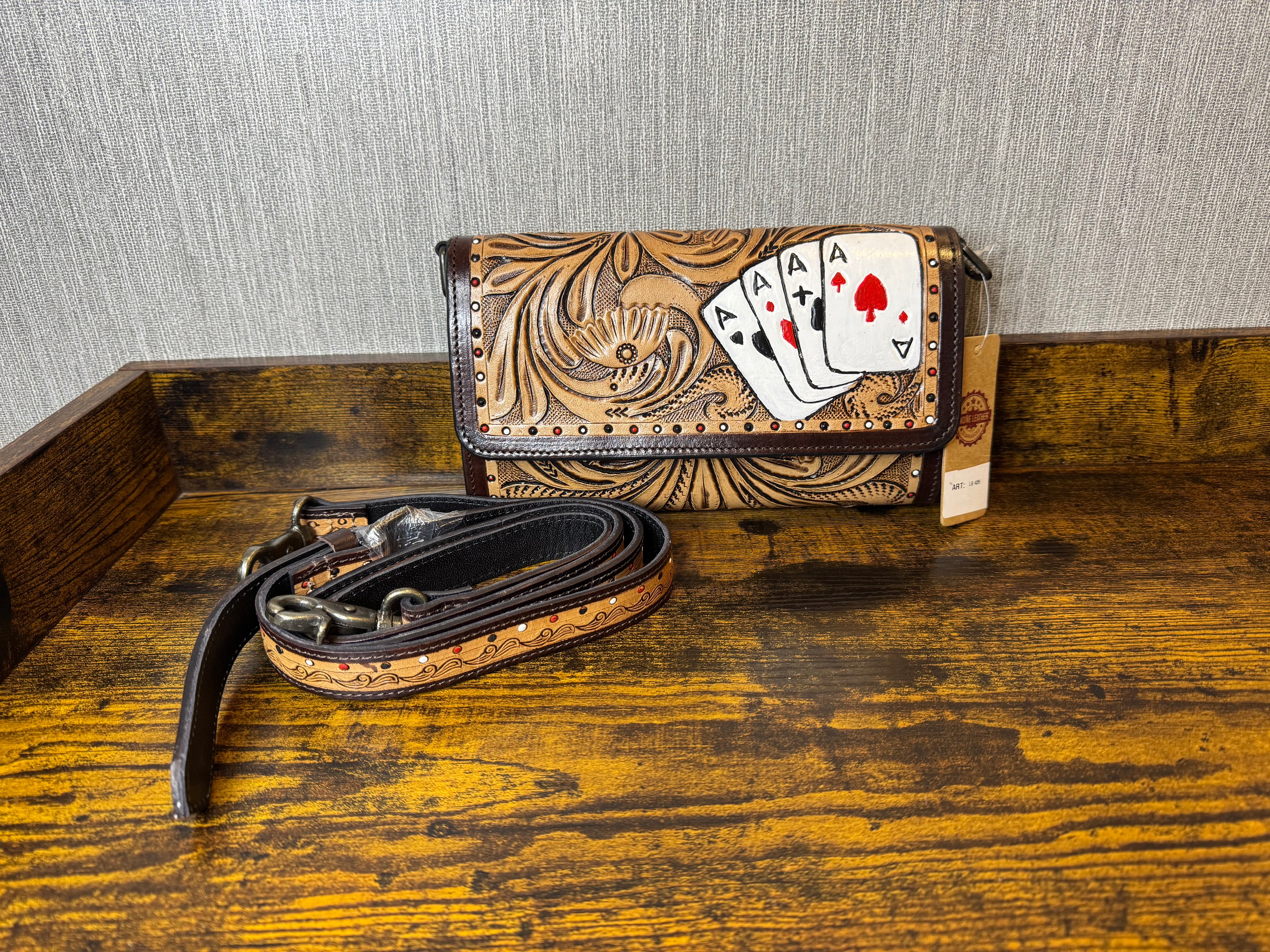 Genuine Leather hand tooled Crossbody Hand painted Ace Cards Design