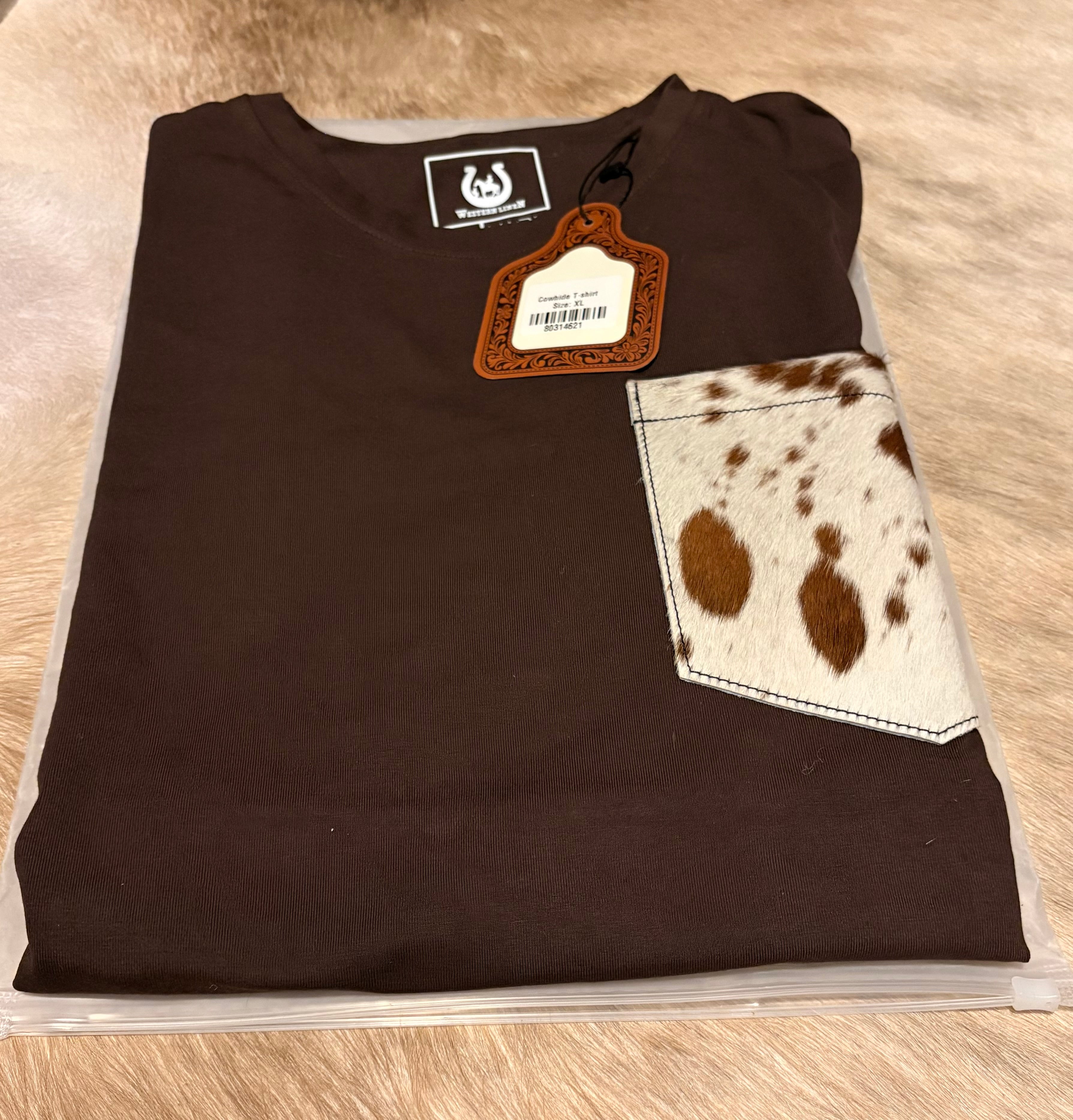 Short Sleeve T-Shirt with Genuine Cowhide Front Pocket Brown Size XL