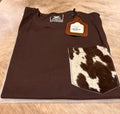 Short Sleeve T-Shirt with Genuine Cowhide Front Pocket Brown Size XXL