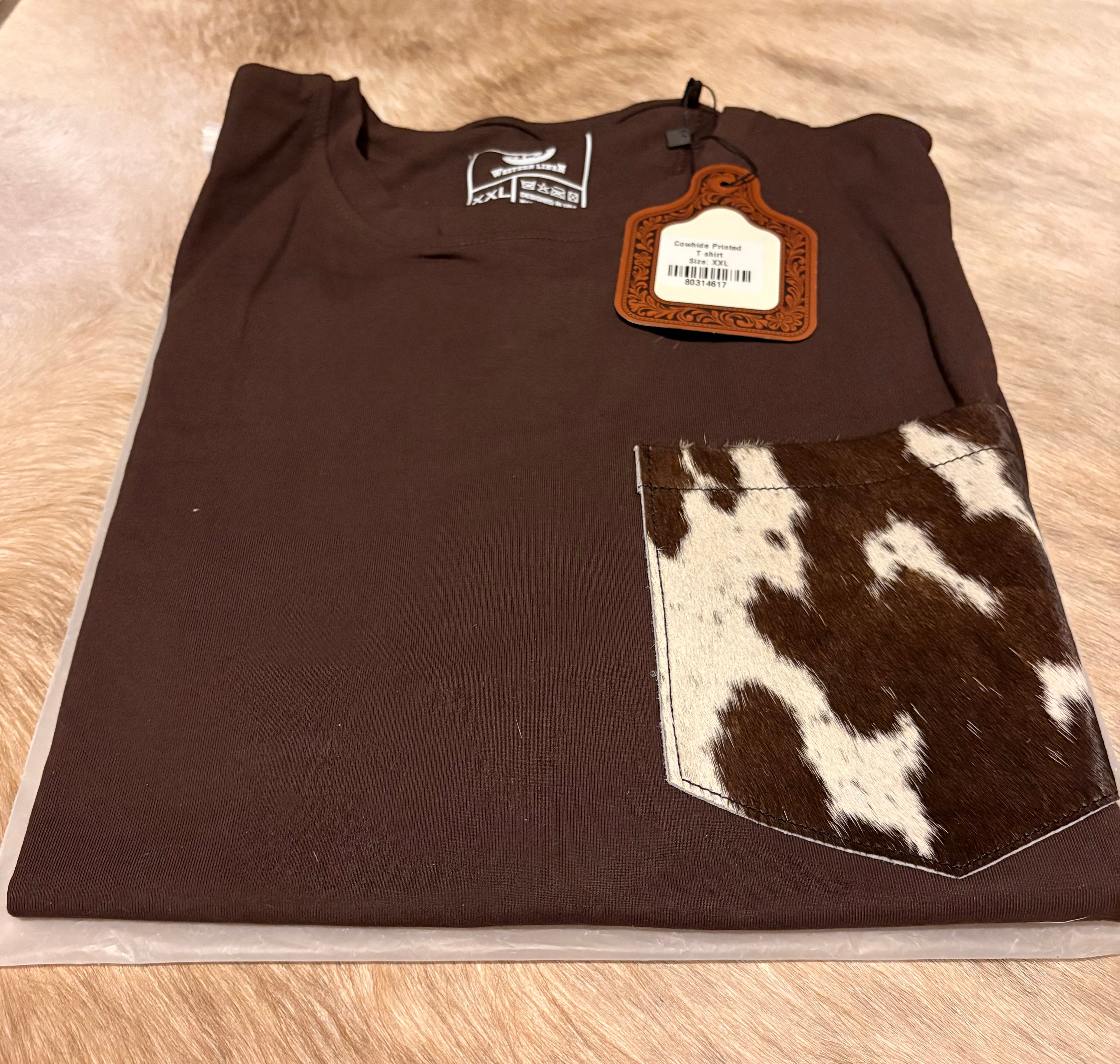 Short Sleeve T-Shirt with Genuine Cowhide Front Pocket Brown Size XXL