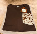 Short Sleeve T-Shirt with Genuine Cowhide Front Pocket Brown Size L