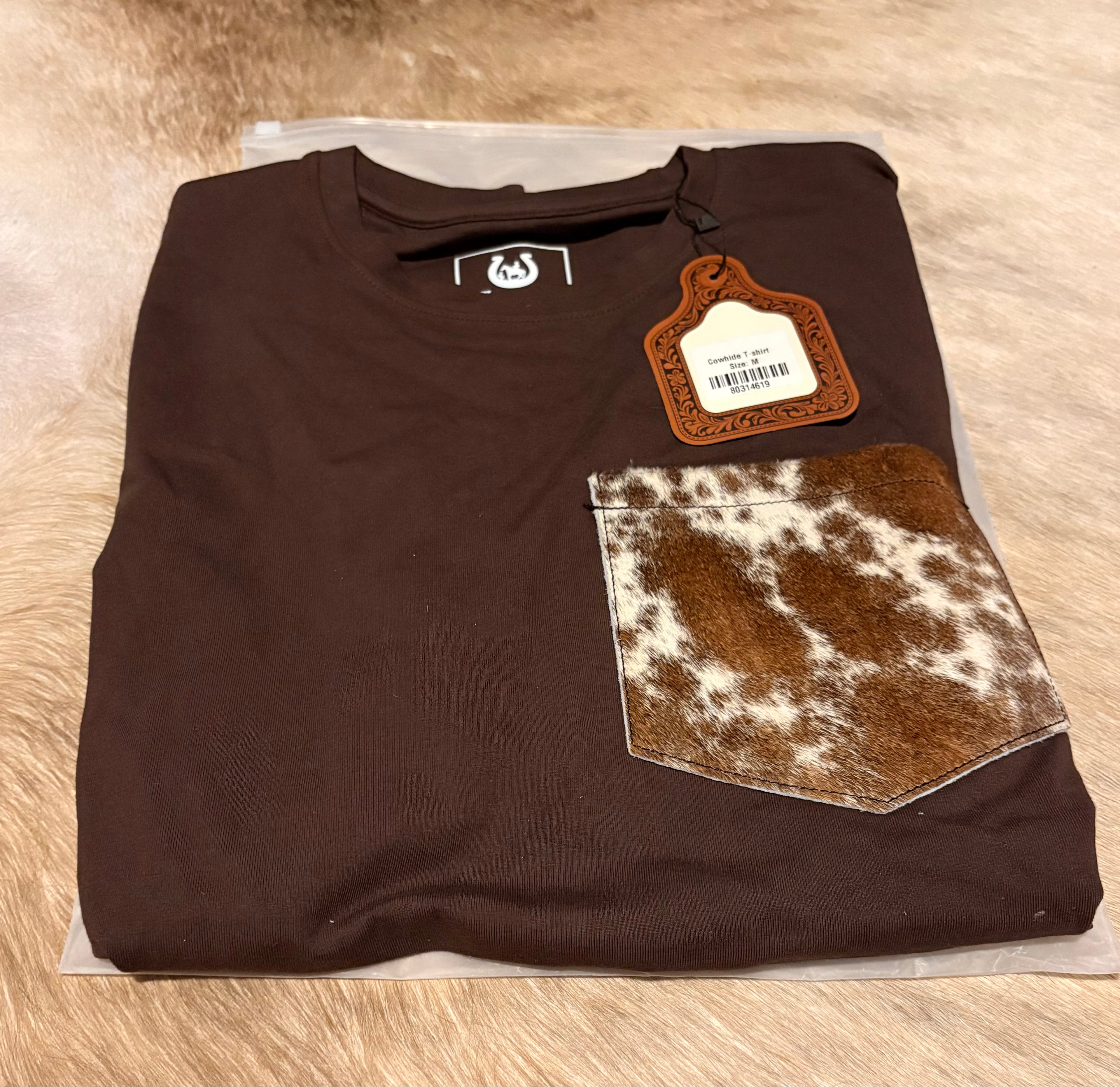 Short Sleeve T-Shirt with Genuine Cowhide Front Pocket Brown Size M
