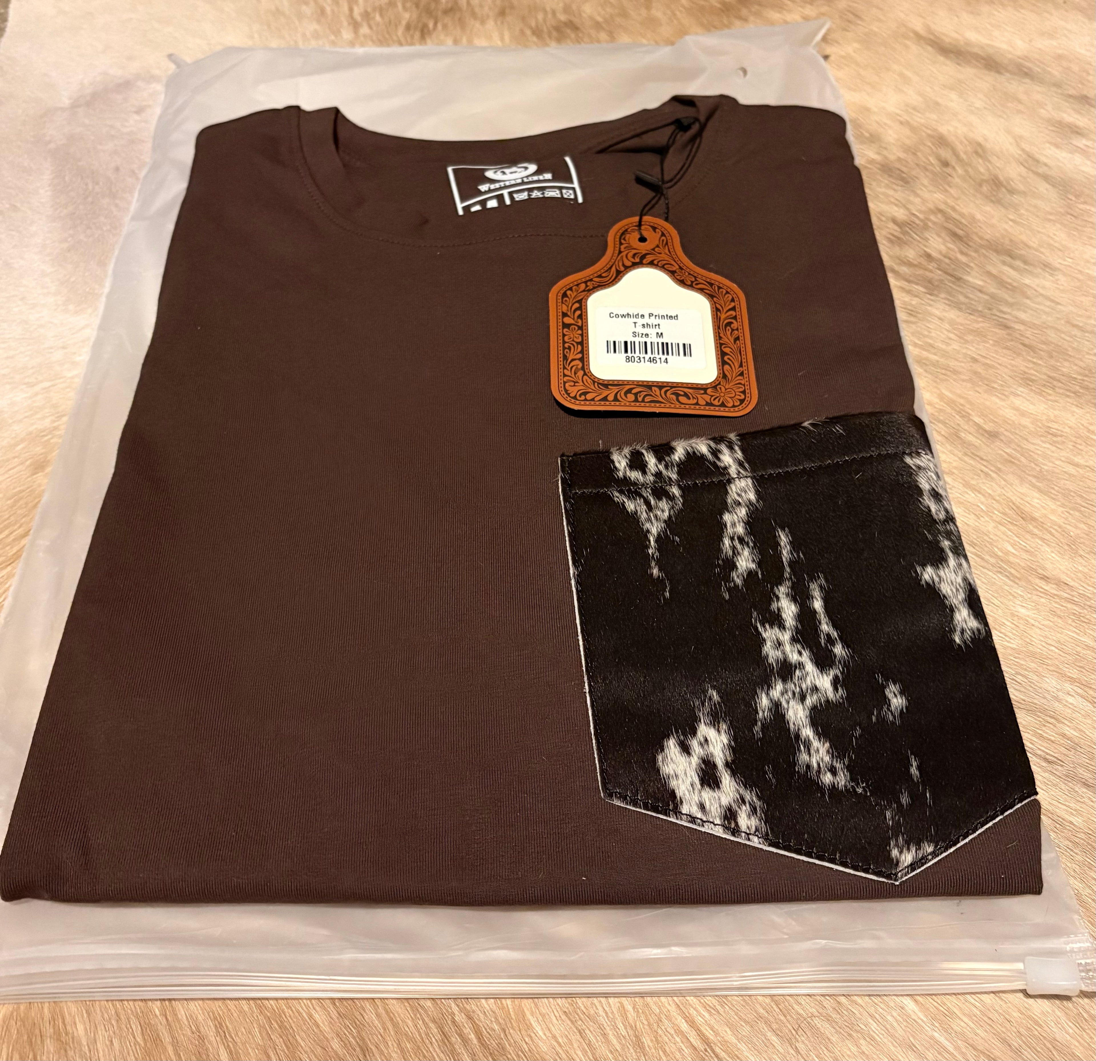 Short Sleeve T-Shirt with Genuine Cowhide Front Pocket Brown Size M