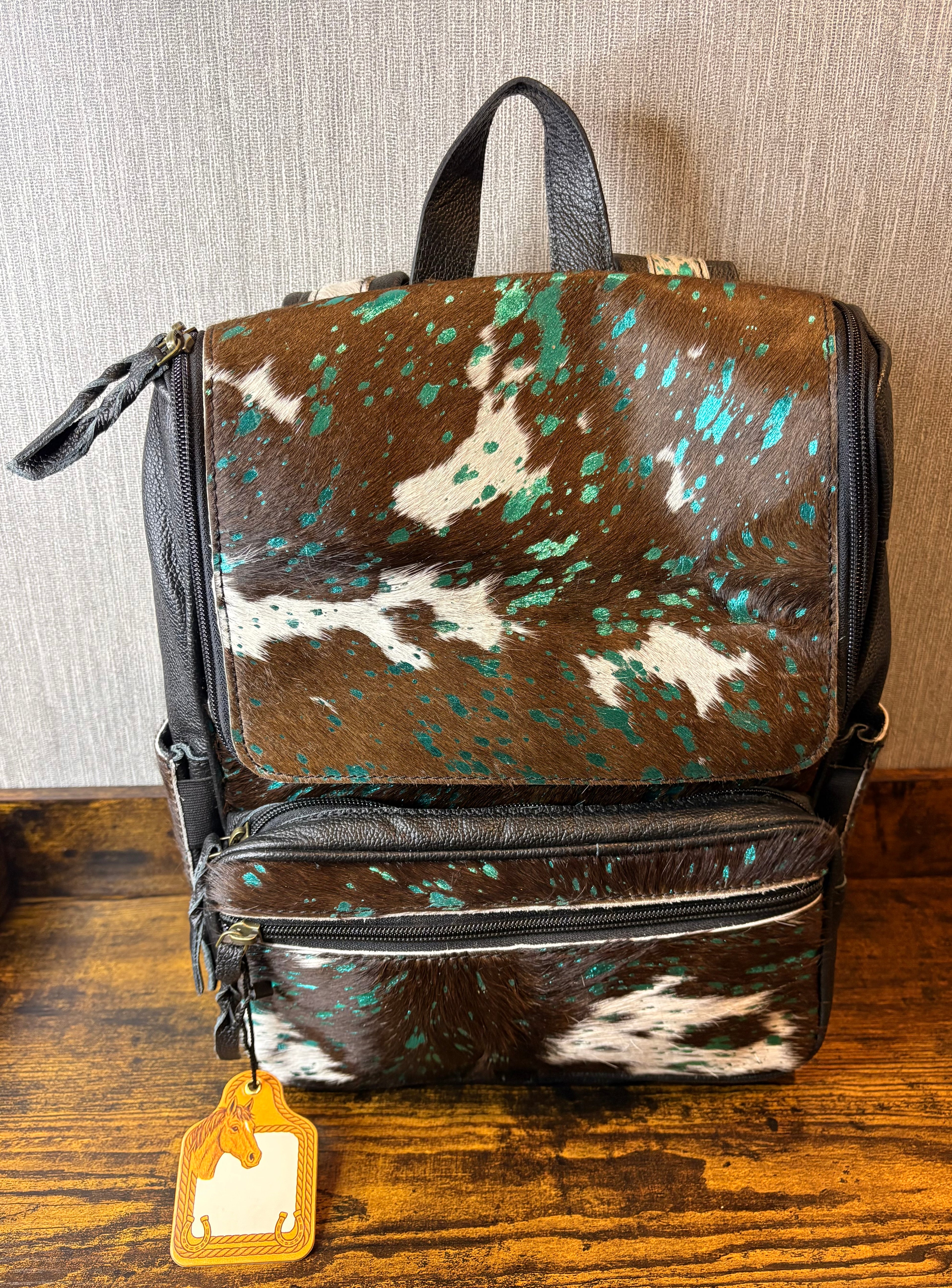 Cowhide Hair on Acid Wash Teal Packpack