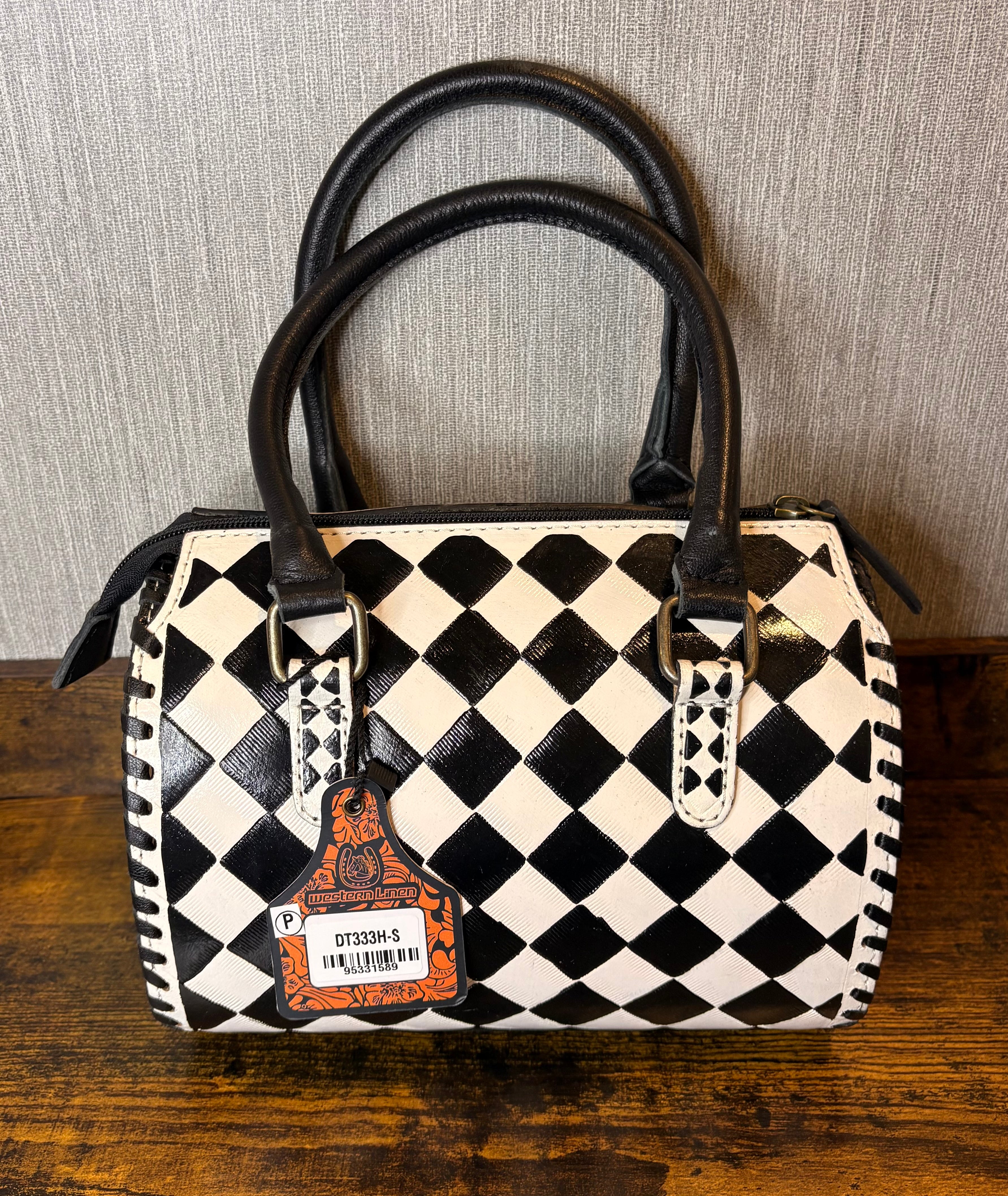 Small Genuine Leather Checkered Black and White Speedy Bag