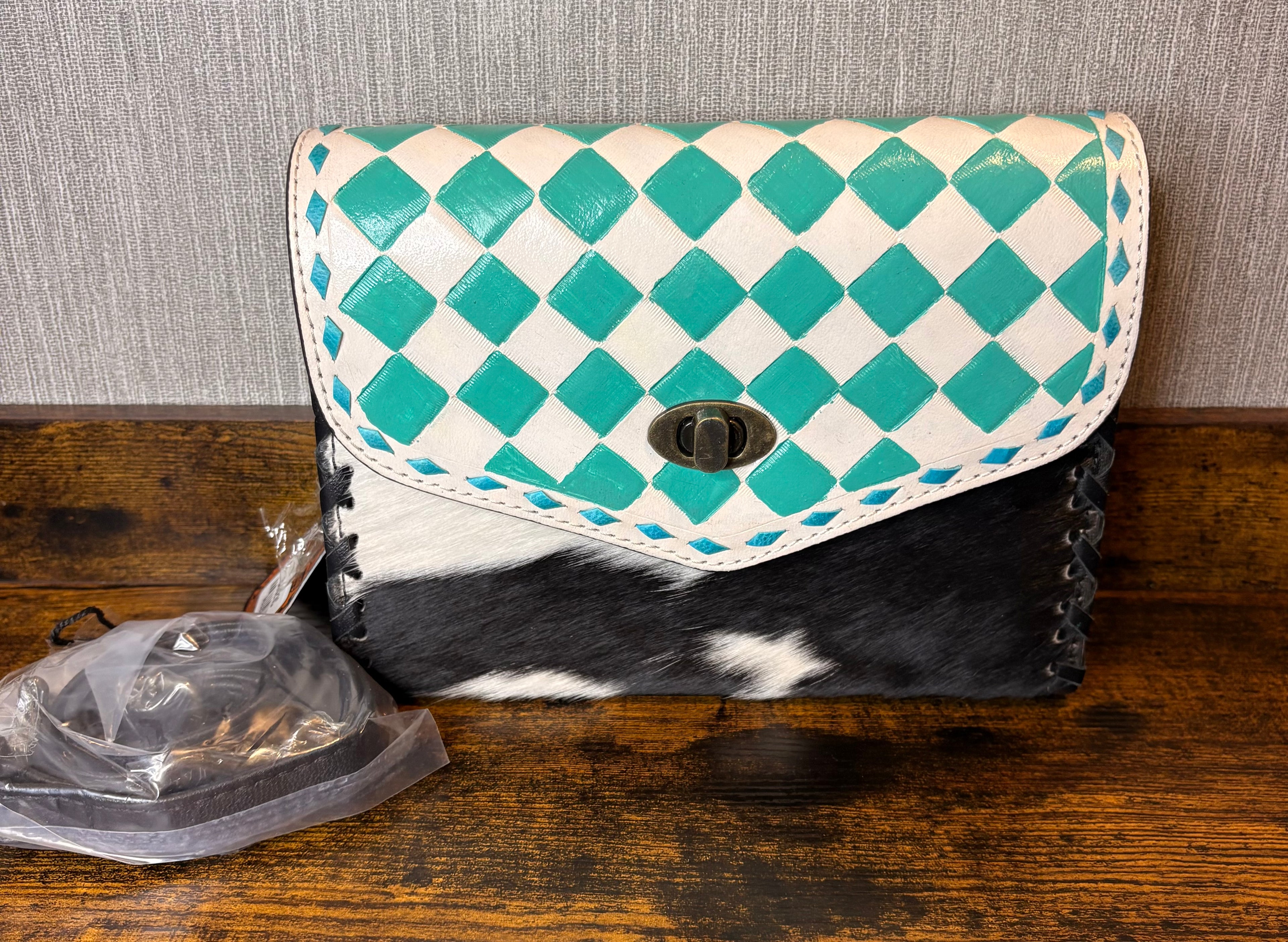 Small Crossbody Checkered Teal and White Genuine Leather Cowhide hair on