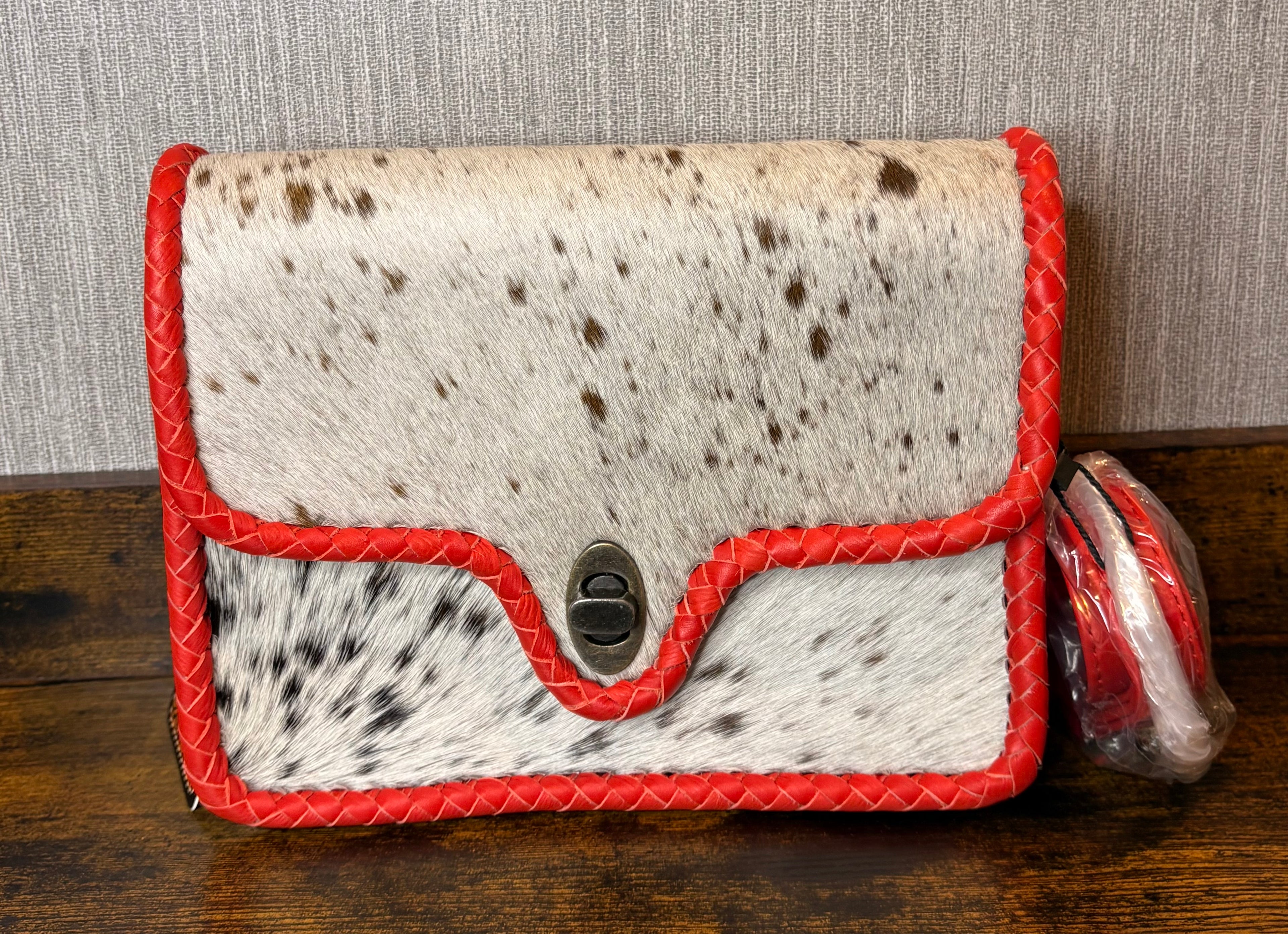 Genuine Cowhide Hairon Double Stitched Crossbody Red