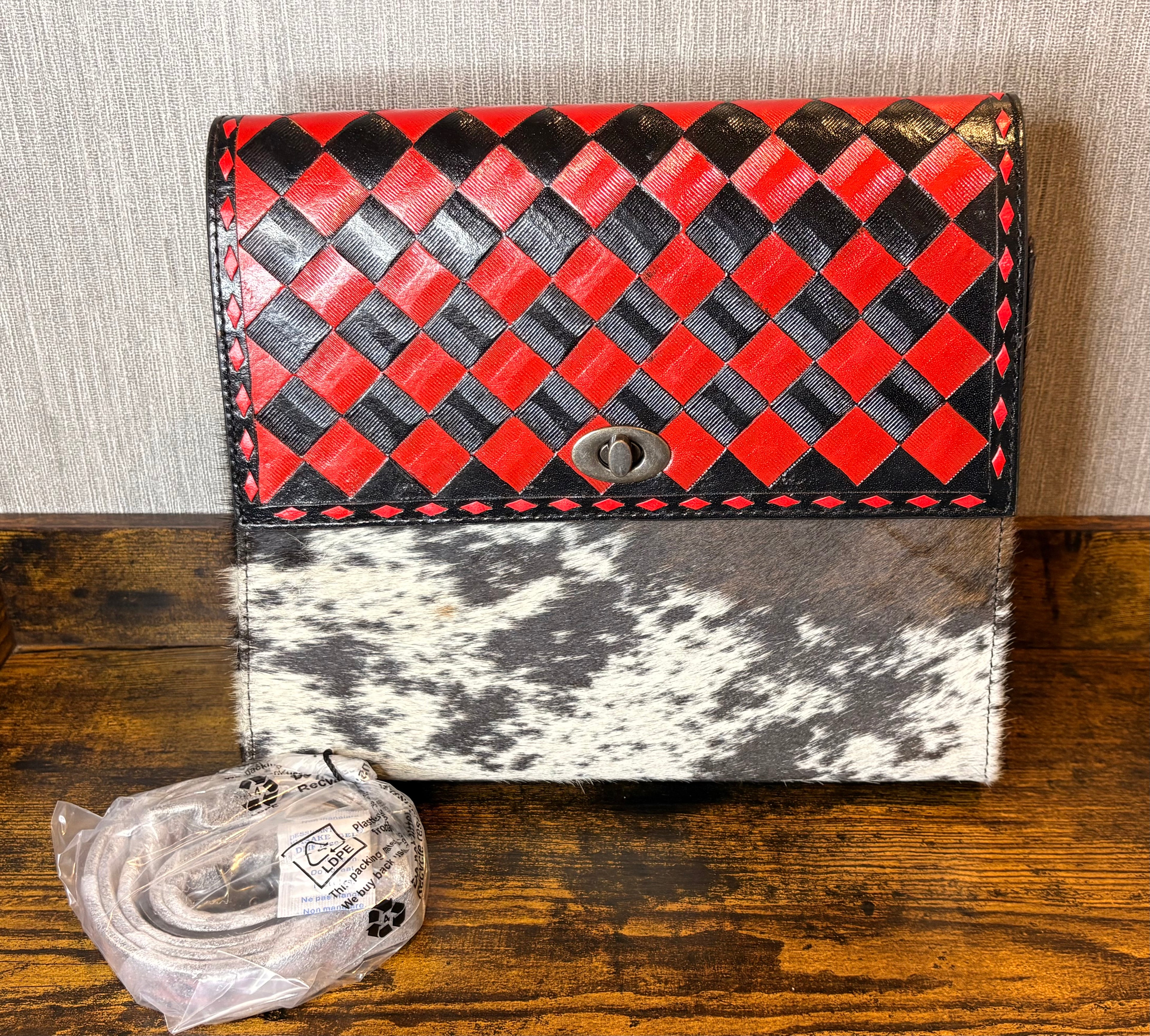 Large Crossbody Genuine Leather and Cowhide Hair on Checkered Red and Black