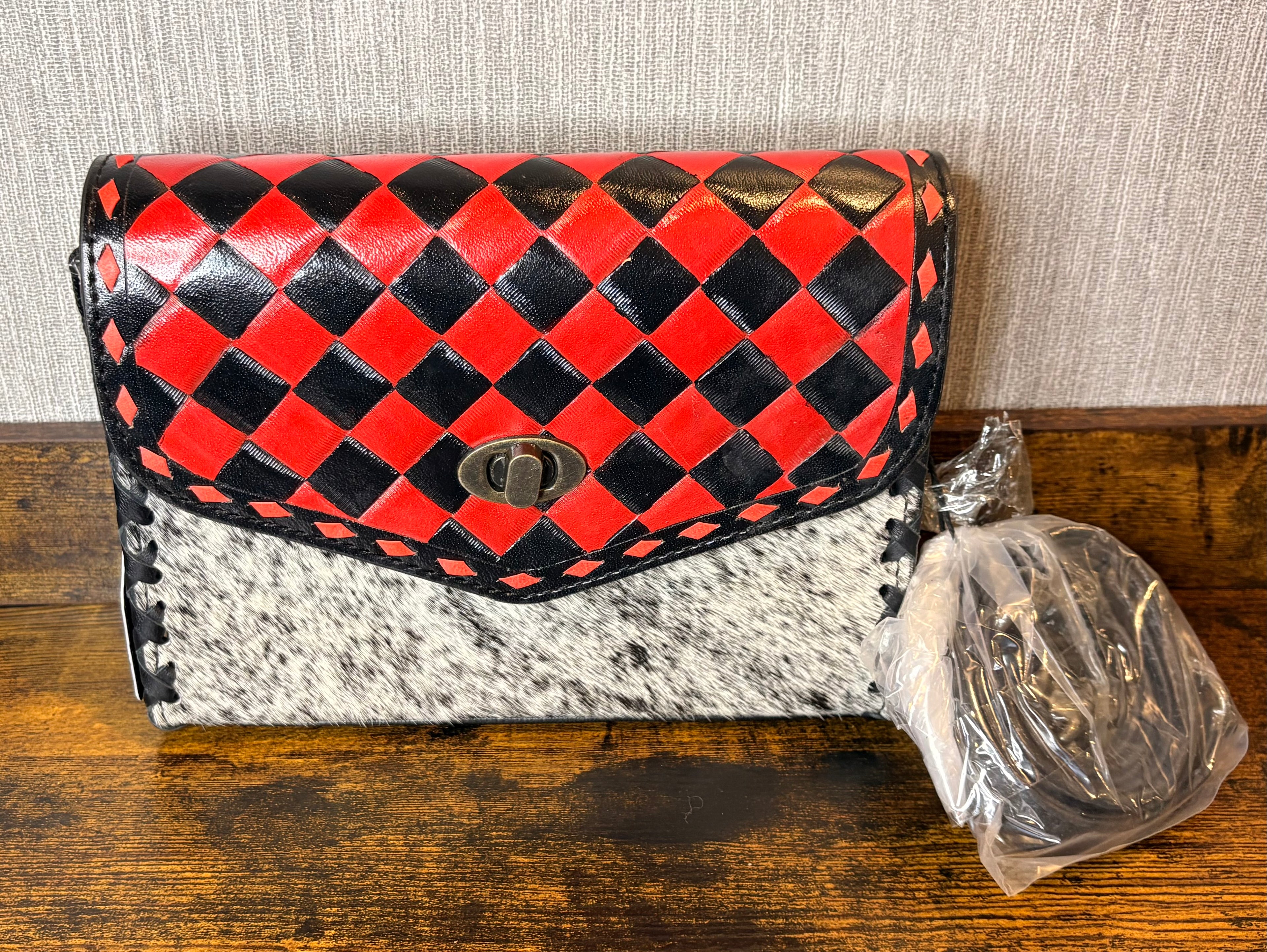 Small Crossbody Checkered Red and Black Genuine Leather and Cowhide Hair on