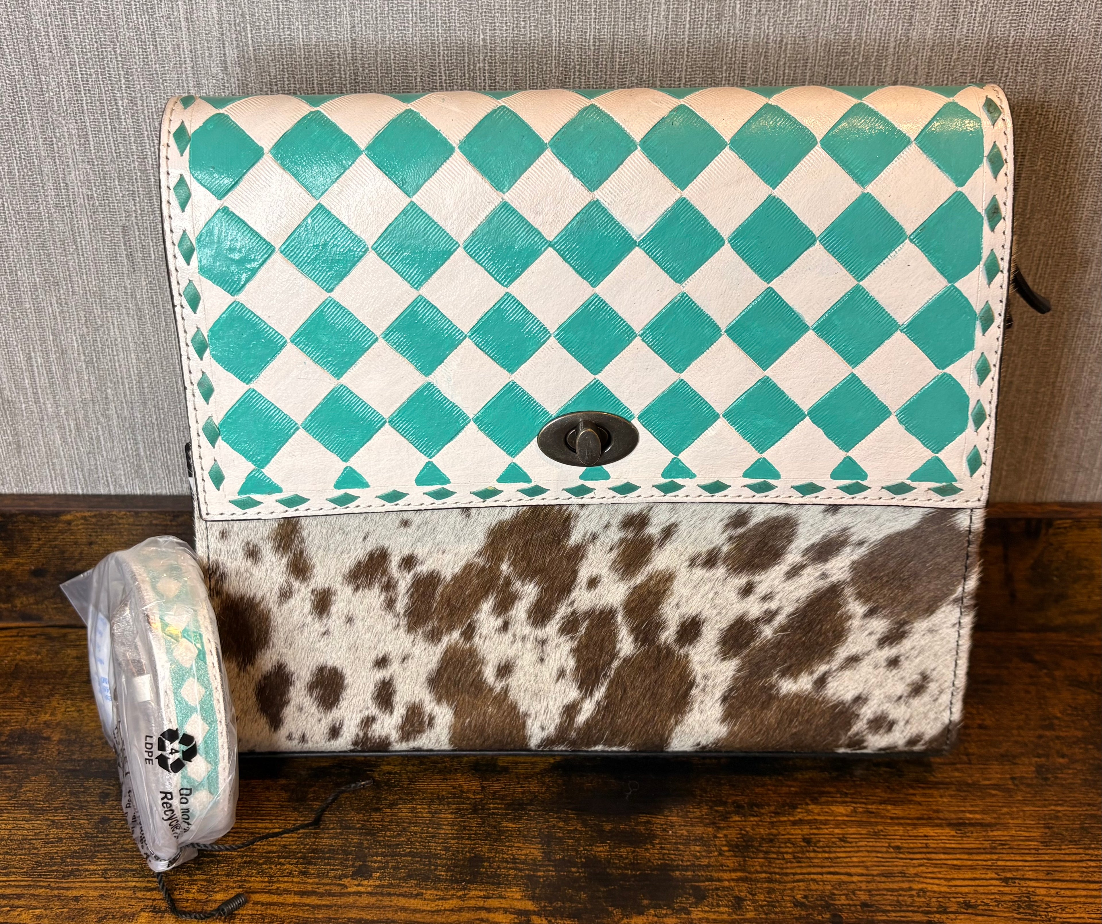 Large Crossbody Checkered Teal and White Genuine Leather Cowhide Hair on