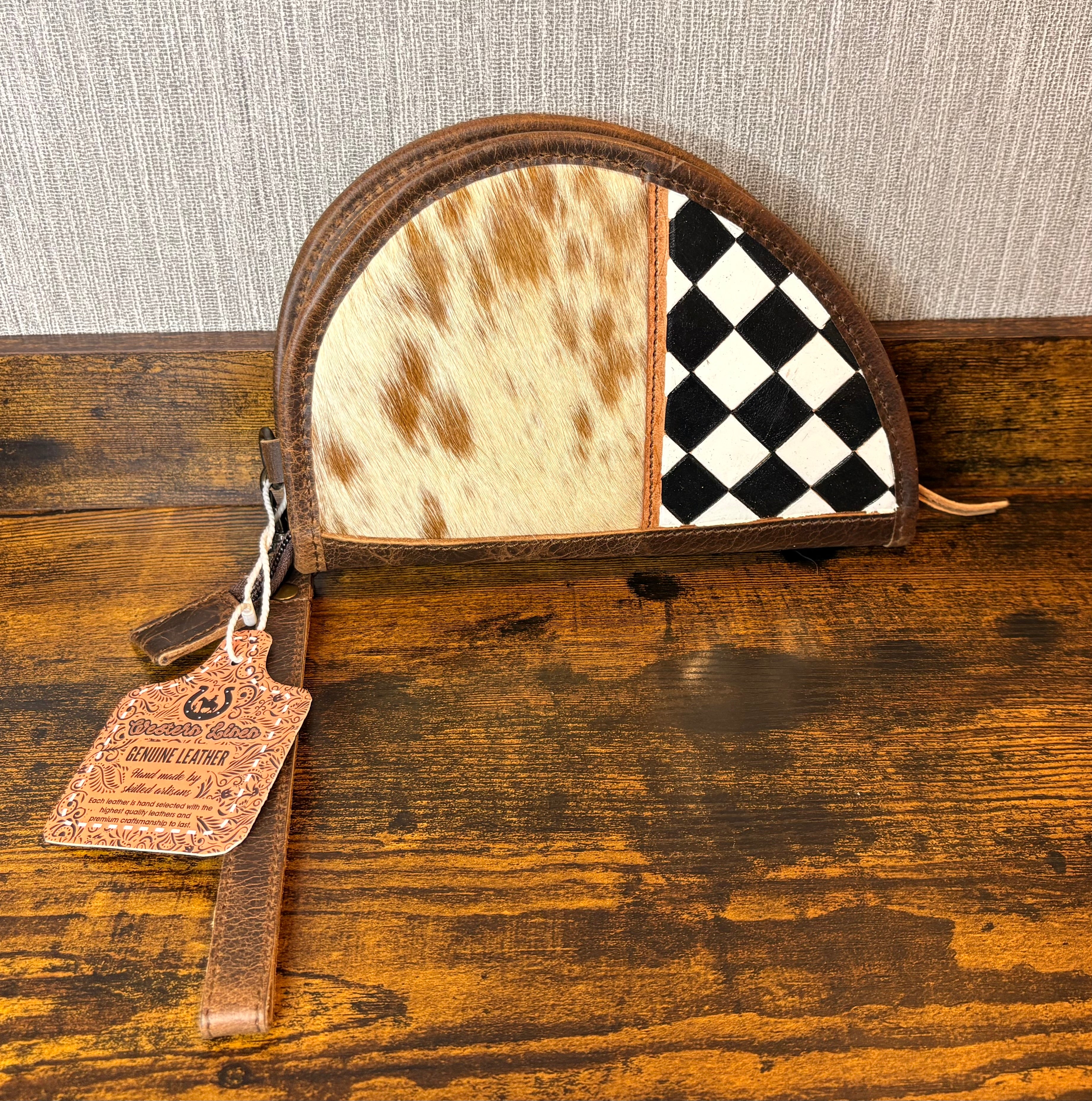 8” Genuine Leather Cowhide Hairon Pistol Case Black and White Checkered