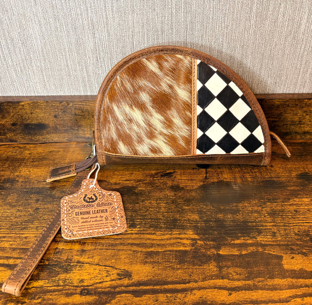 8” Genuine Leather Cowhide Hairon Pistol Case Black and White Checkered