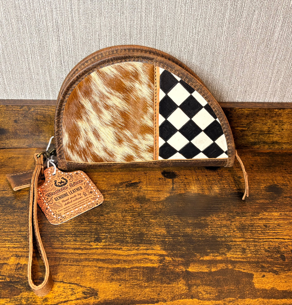 8” Genuine Leather Cowhide Hairon Pistol Case Black and White Checkered