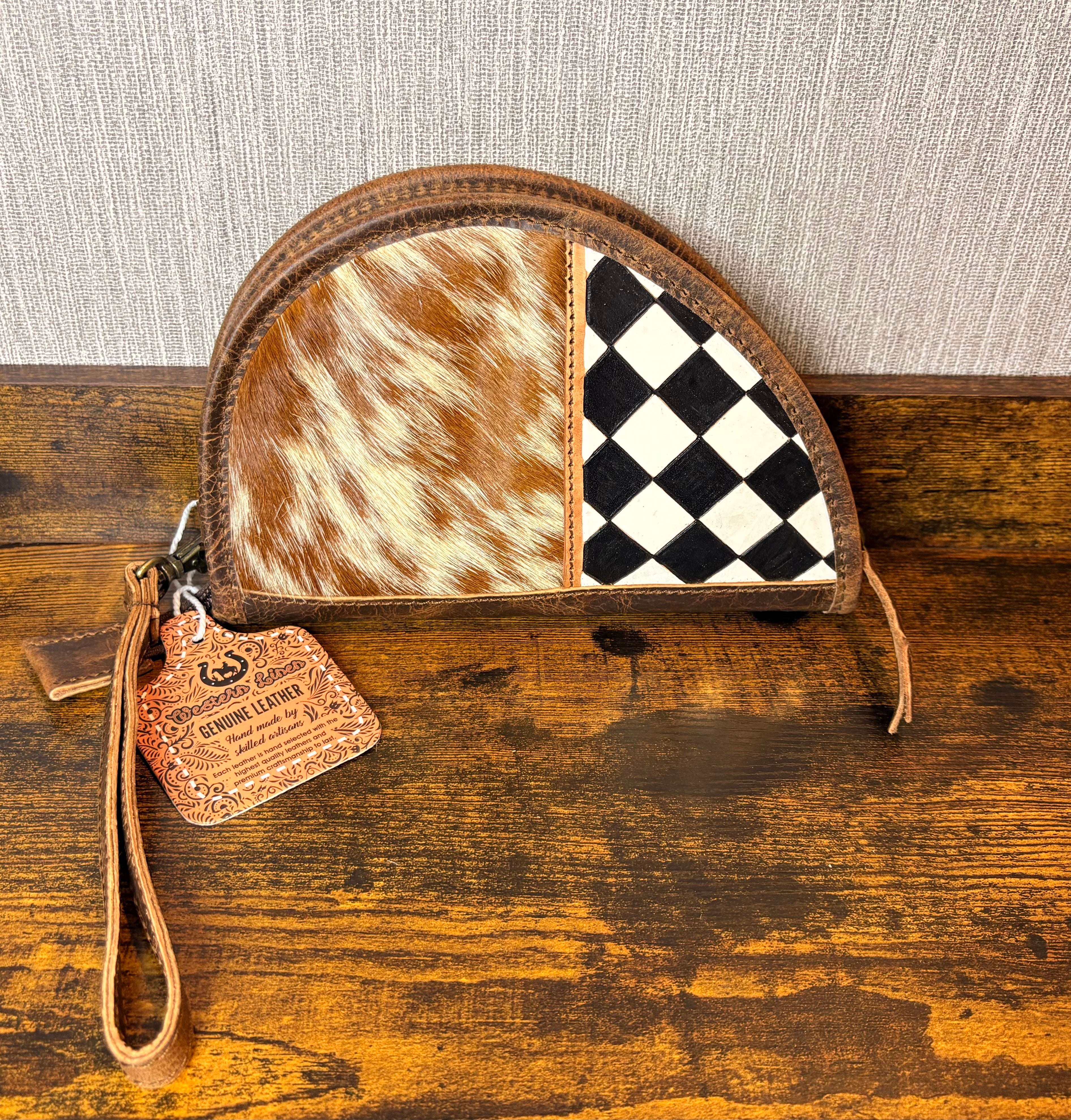 8” Genuine Leather Cowhide Hairon Pistol Case Black and White Checkered