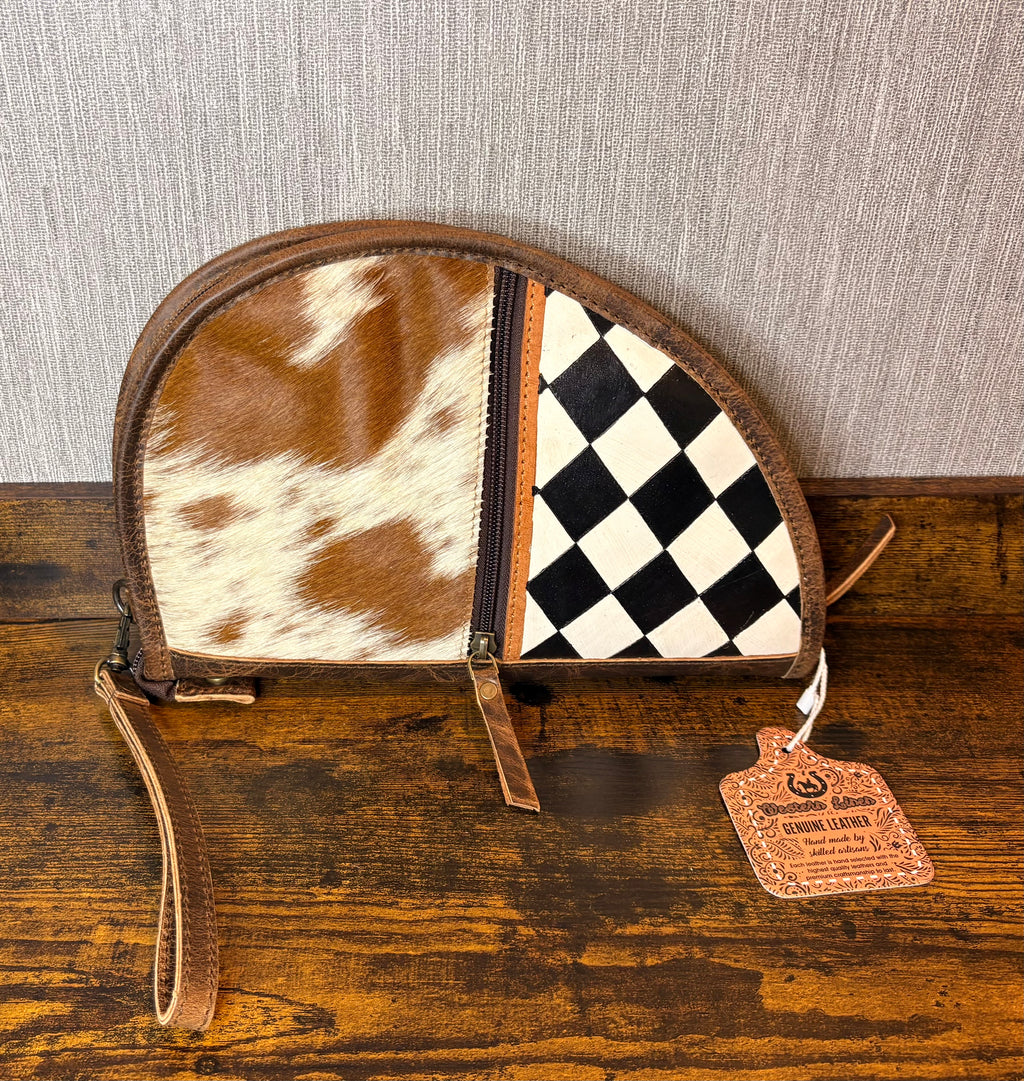 11” Genuine Leather Cowhide Hairon Pistol Case Checkered Black and White