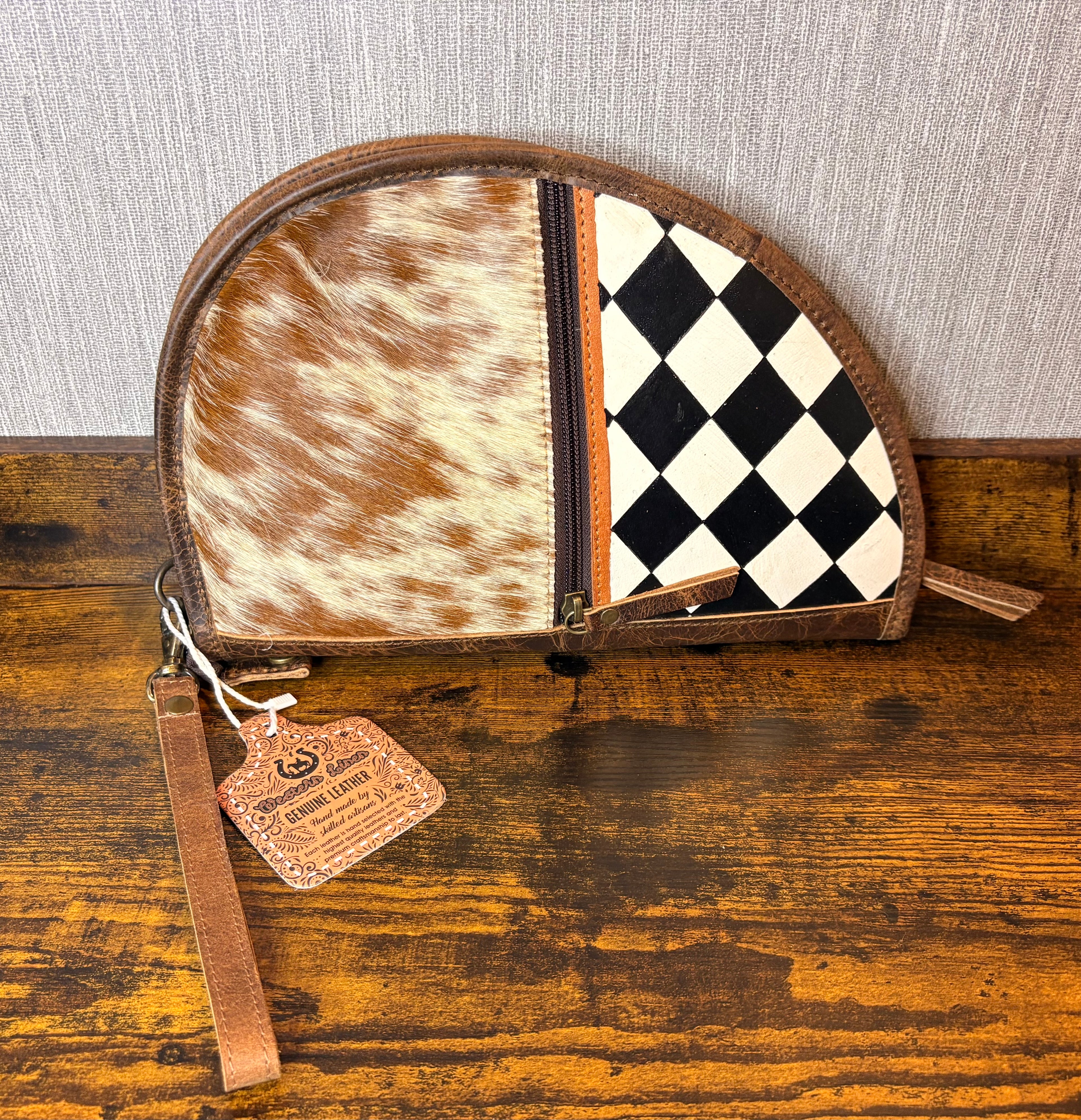 11” Genuine Leather Cowhide Hairon Pistol Case Checkered Black and White