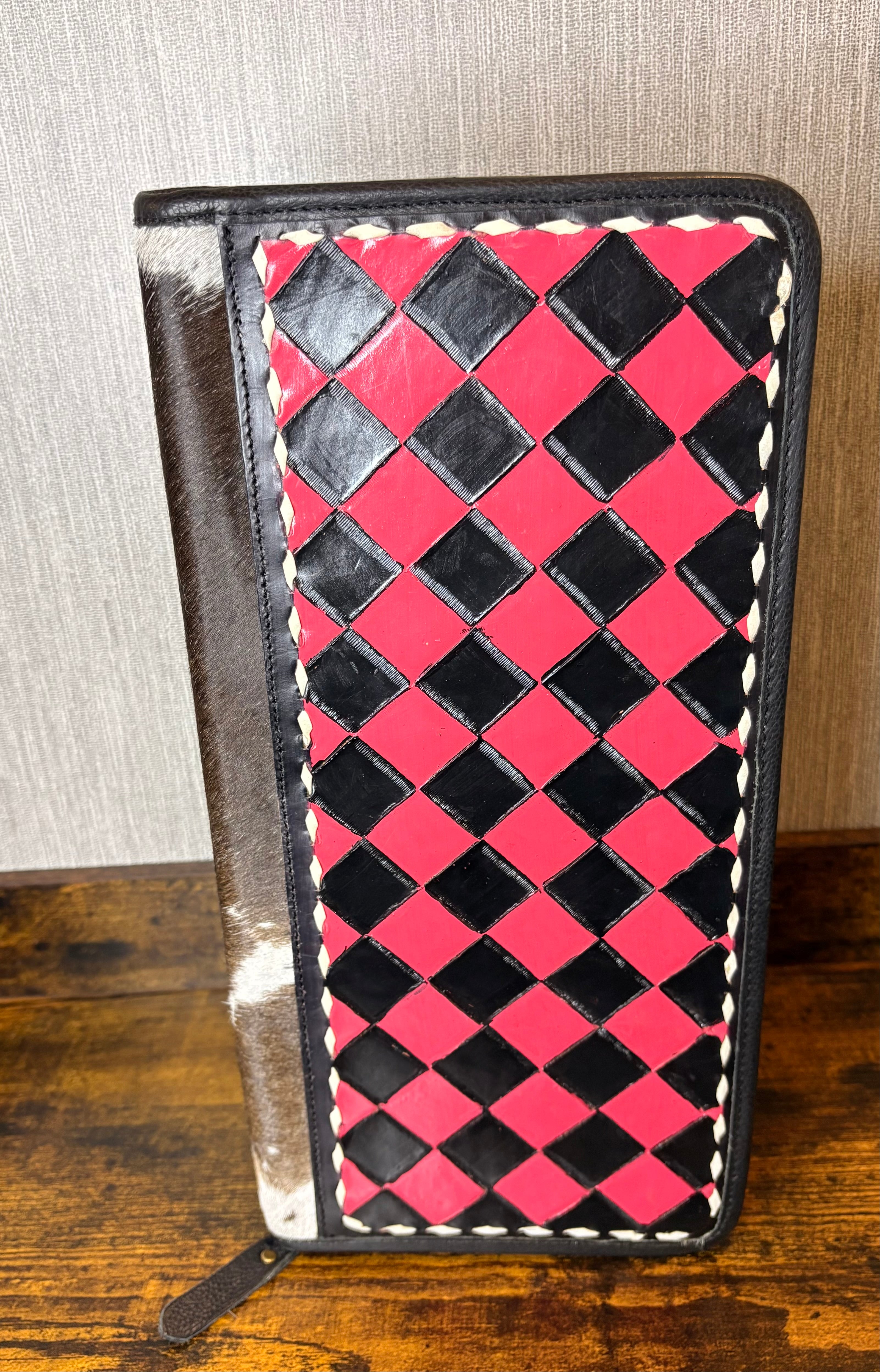 Checkered Jewelry Folder with Cowhide Hair On Genuine Leather