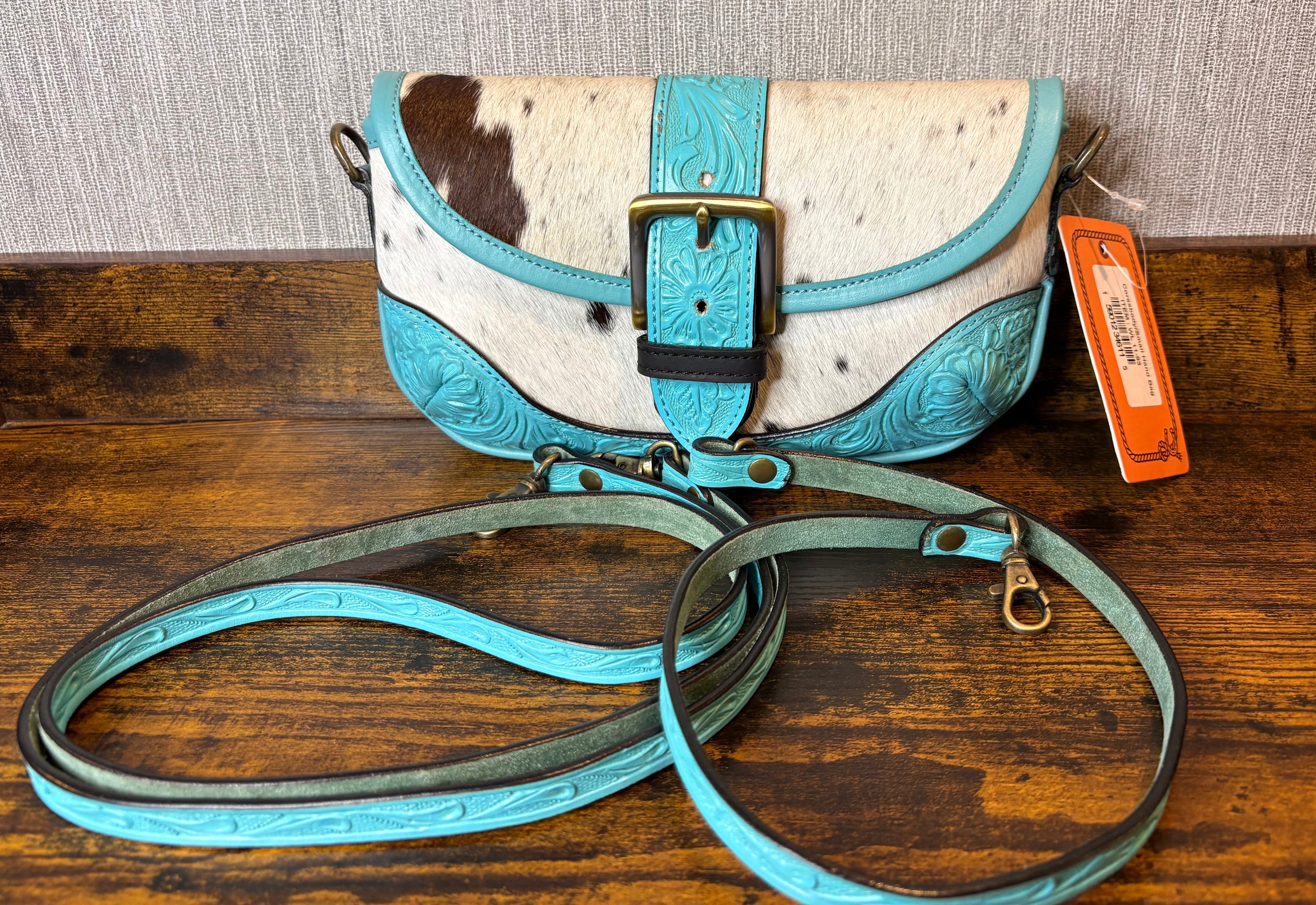 Tooled Crossbody Tooled Genuine Leather with Cowhide Hair on Turquoise