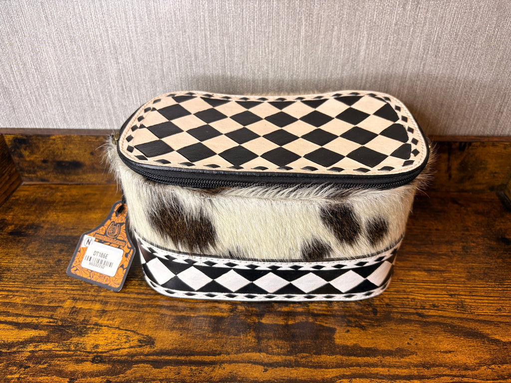 Checkered Leather Cowhide Hairon Make up Case black and white