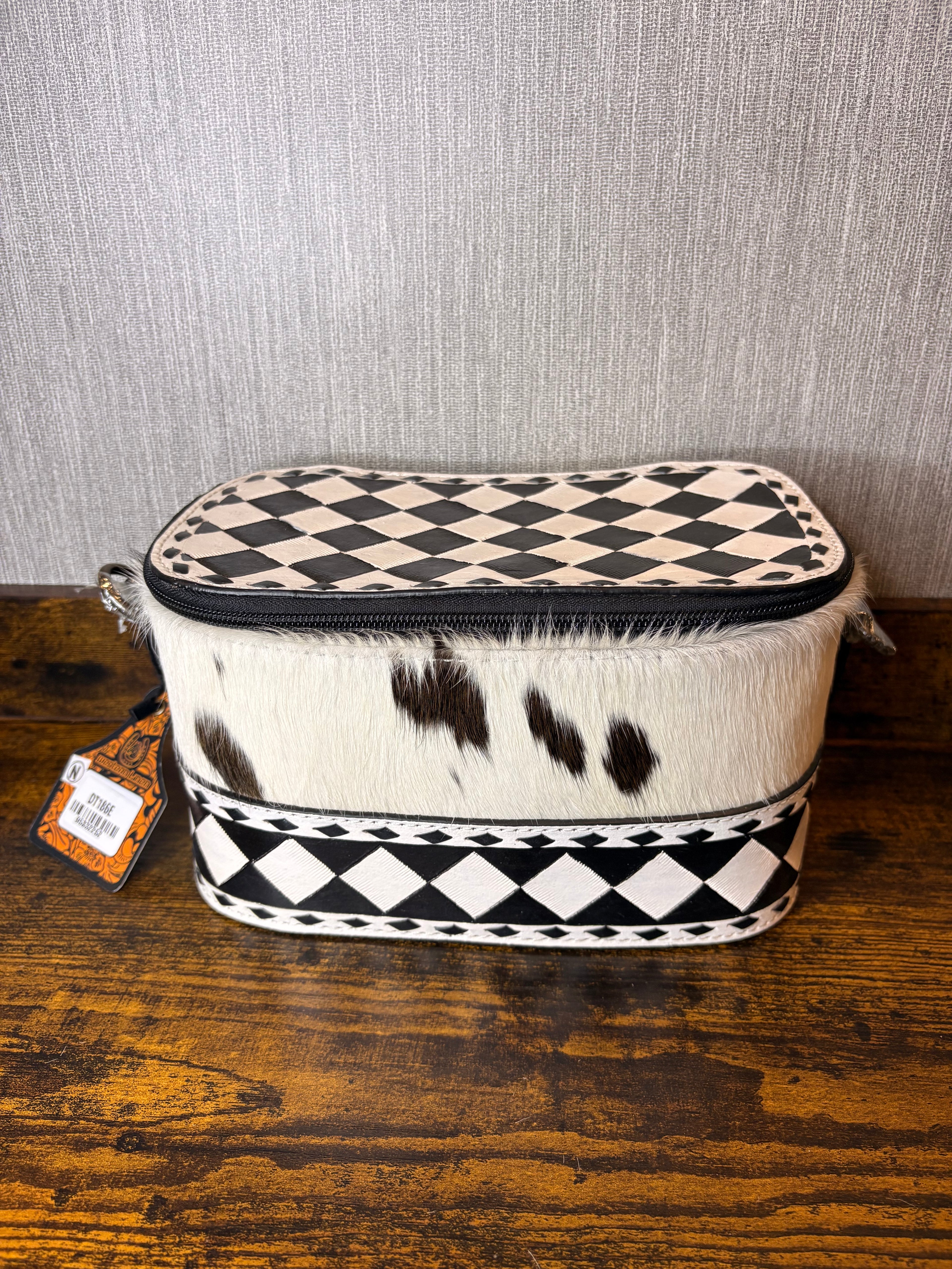 Checkered Leather Cowhide Hairon Make up Case black and white