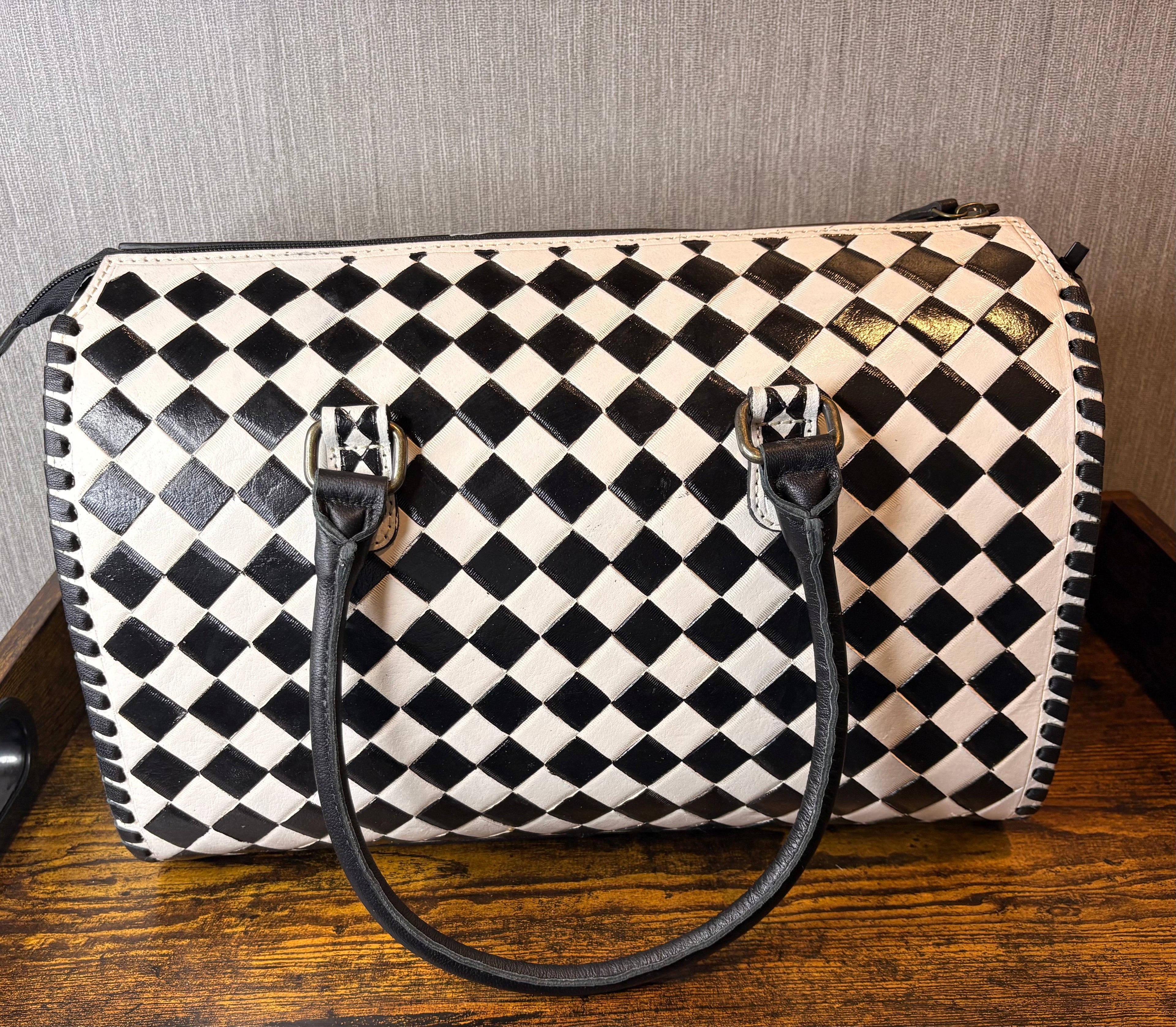 Large Black and White Genuine Leather Speedy Bag