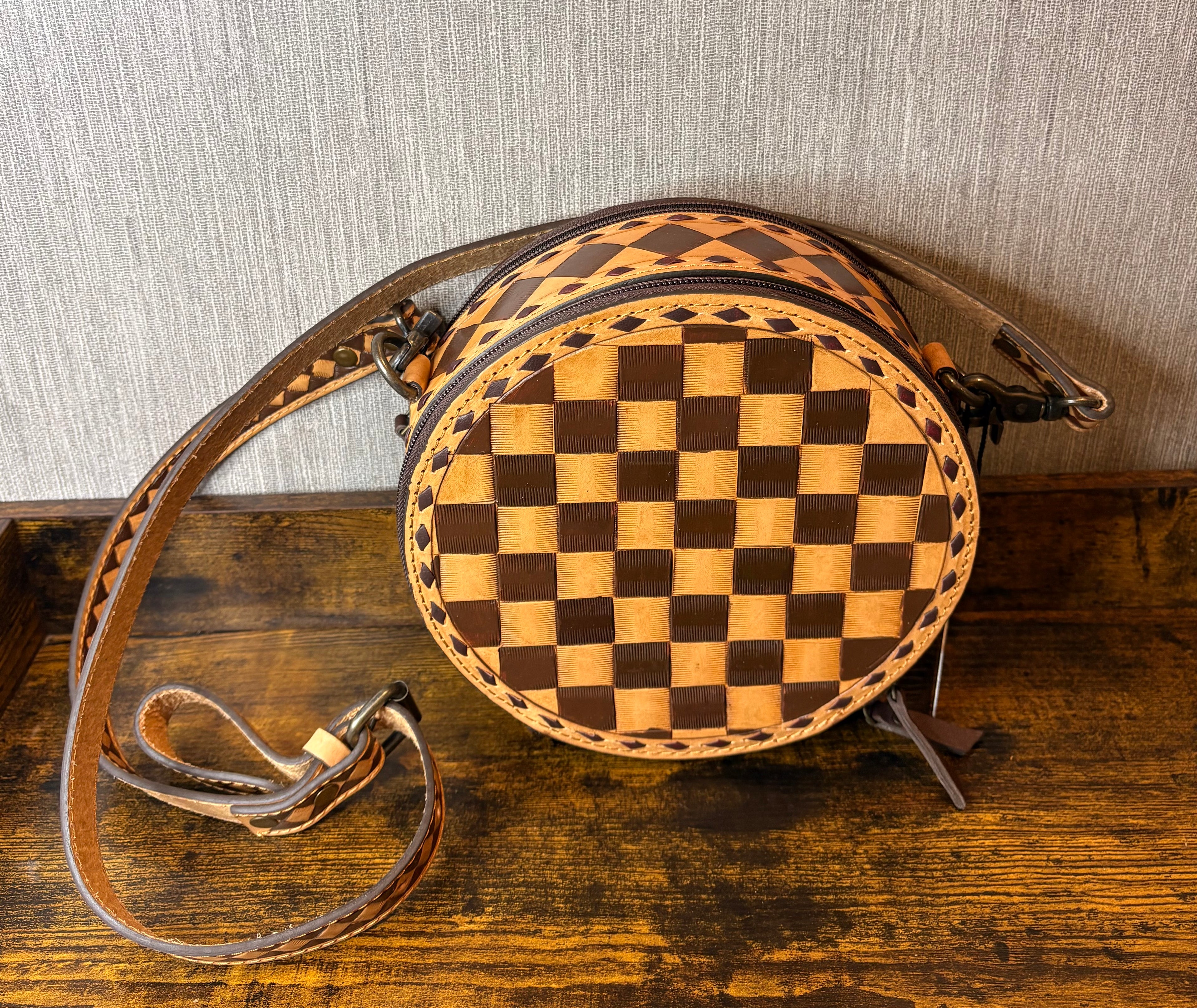 Genuine Leather Brown Checkered Canteen Purse
